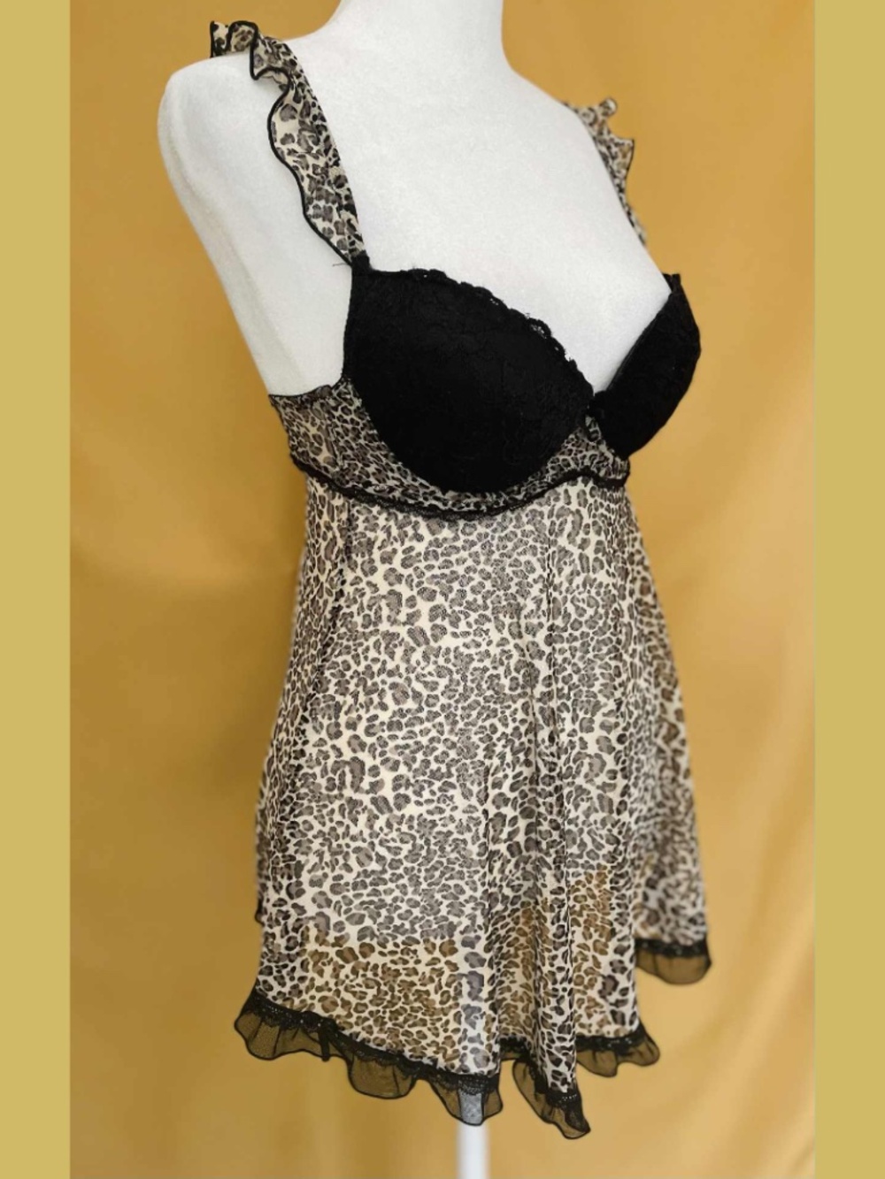 Leopard Print Babydoll Nightgown OR Top Medium Sheer Lace Trim Lingerie Y2K